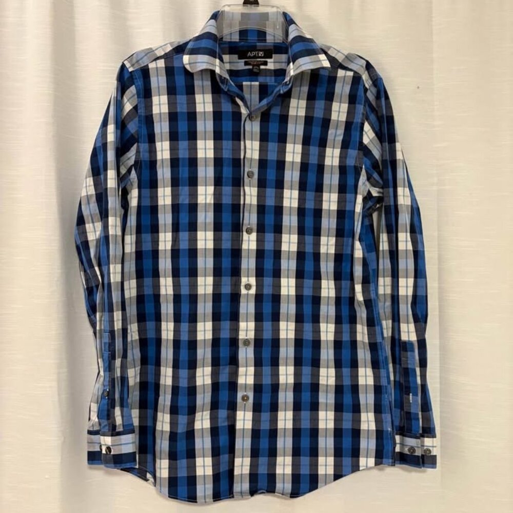 Men’s Apt 9 Blue Plaid Button Up size 15.5 34/35
